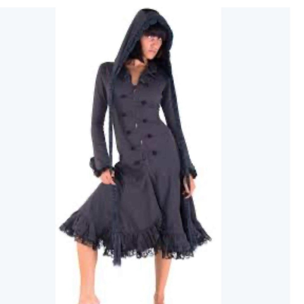 Gothic Style Gray / Black Trim Midi Corst Style Coat Removable Hood Pockets XS - Picture 2 of 16